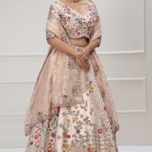 Cream Pink Resam Embroidery Silk Weeding Lehenga EDWS 301002